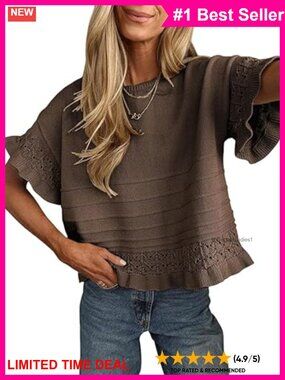 Short Sleeve Knit Crochet Pullover Sweater Ruffled Hem Casual Top